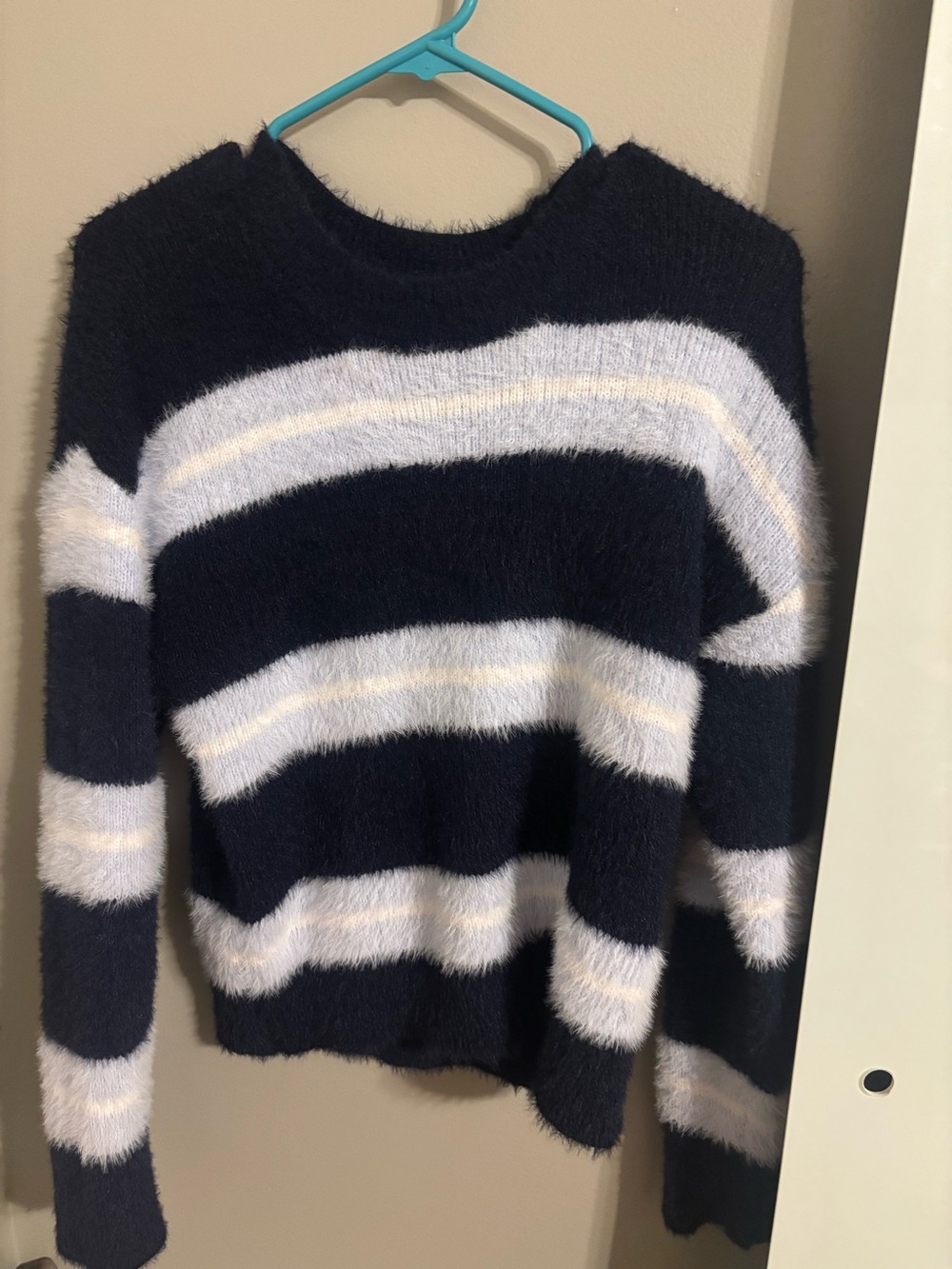 No Boundaries Fuzzy Striped Crewneck Sweater in Navy and White